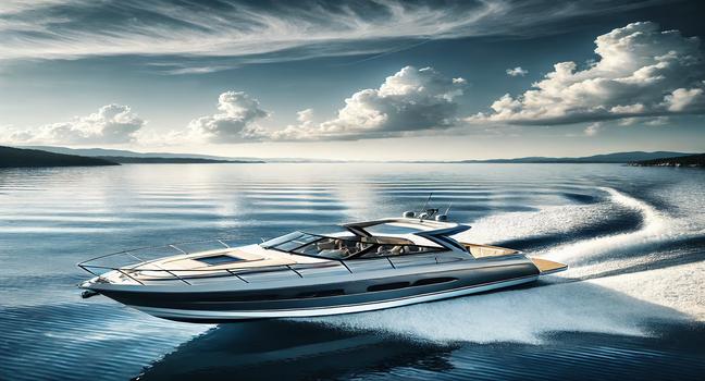 A sleek motorboat cruising on calm blue waters under clear skies, representing the joy of owning and exploring with a boat