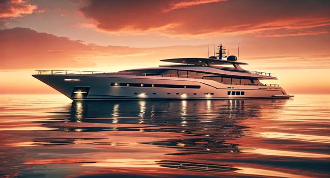 A sleek yacht sailing during a breathtaking sunset over calm ocean waters, blending tranquility and luxury