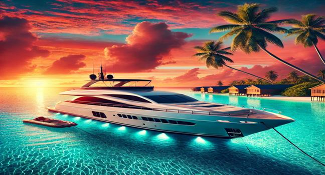 A sleek yacht anchored near a vibrant sunset, surrounded by turquoise waters and tropical palm trees, radiating elegance and relaxation