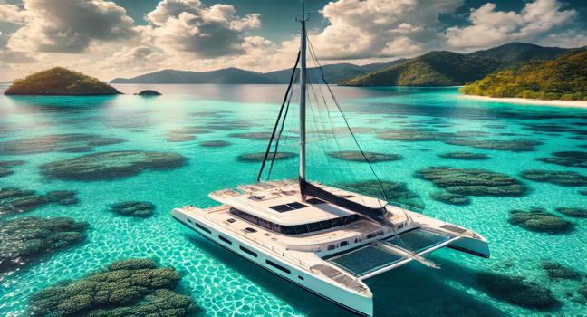 A modern catamaran anchored near vibrant coral reefs with clear turquoise waters and lush green islands, perfect for snorkeling and relaxation