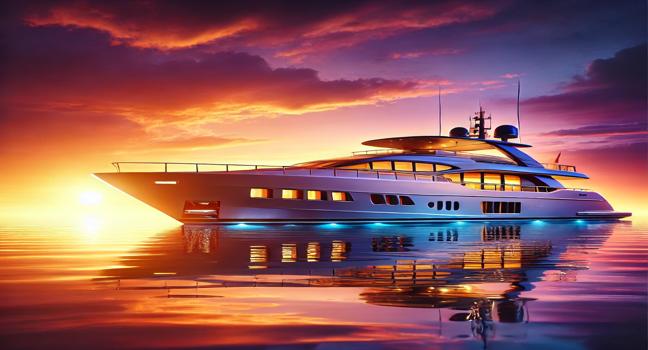 A sleek motoryacht at sunset, under a vibrant orange and purple sky, showcasing elegance and tranquility