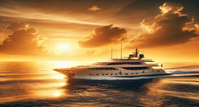 A sleek yacht cruising during sunset, reflecting luxury and tranquility in the yachting lifestyle