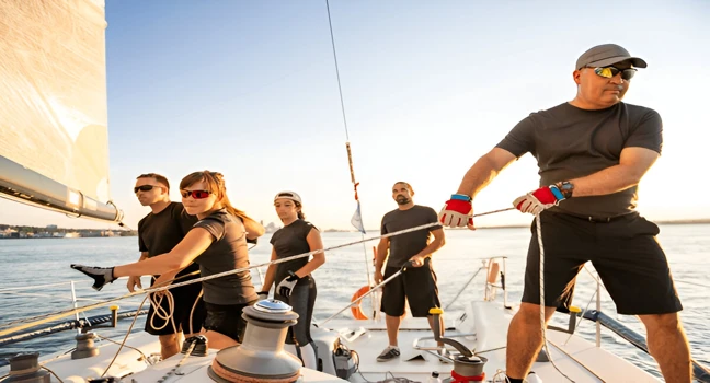 A sailing team works in harmony while maneuvering the yacht on open water