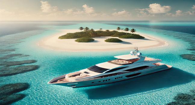 A luxury yacht anchored near a tropical island with turquoise waters, showcasing elegance and adventure