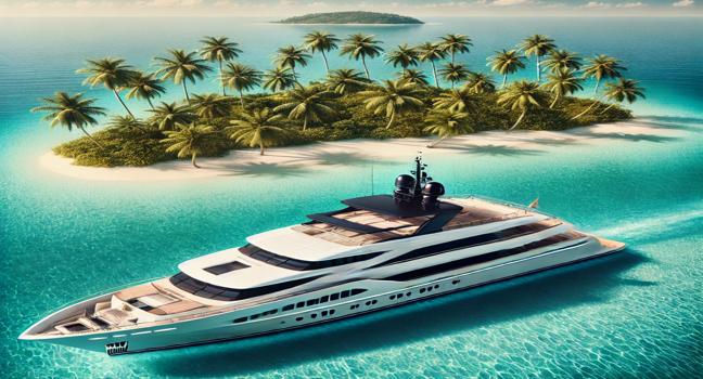 A yacht anchored near a tropical island with turquoise waters and palm trees