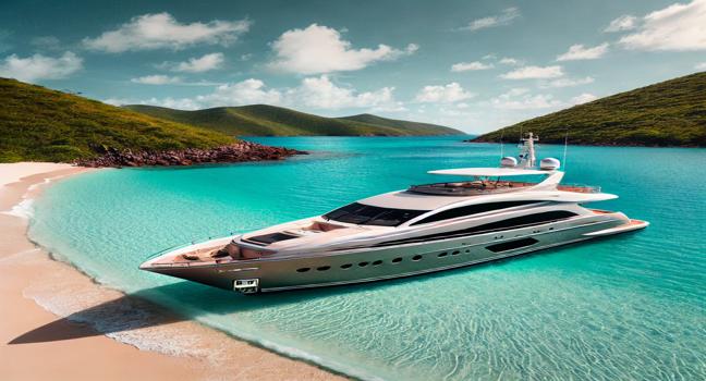 A luxury yacht anchored near a pristine sandy beach with turquoise waters and lush green hills, perfect for yacht charters