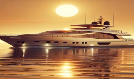 A luxurious yacht cruising at sunset on calm golden waters, with a glowing sky and tranquil vibes, perfect for yacht charters