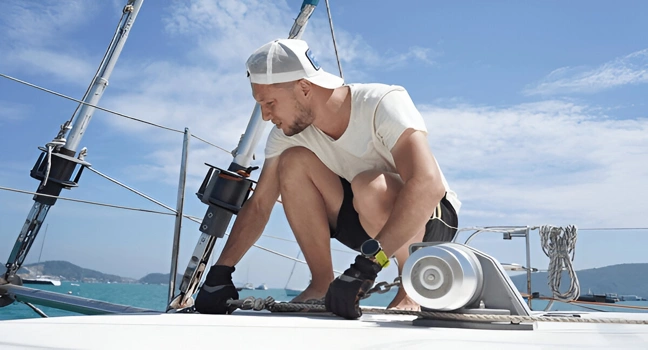 A crew member prepares the deck on a sailing yacht during a sunny day