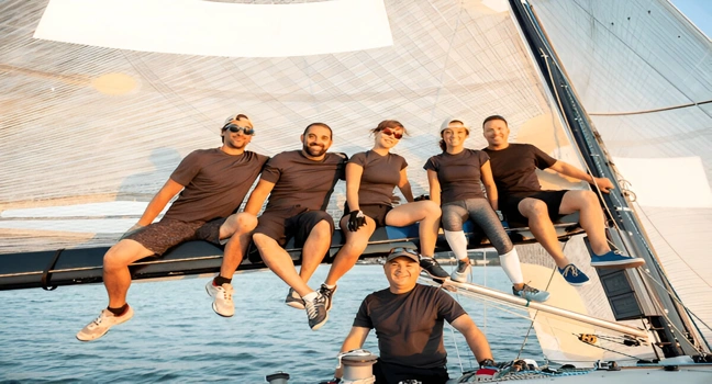 Crew members enjoying a relaxing moment on a sailing yacht during sunset