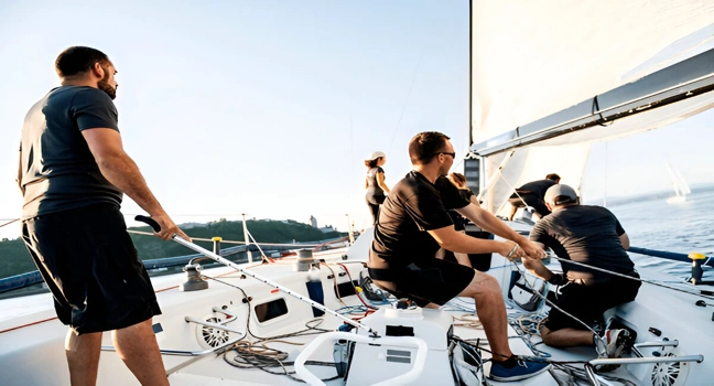 A sailing crew working in sync on a modern charter yacht