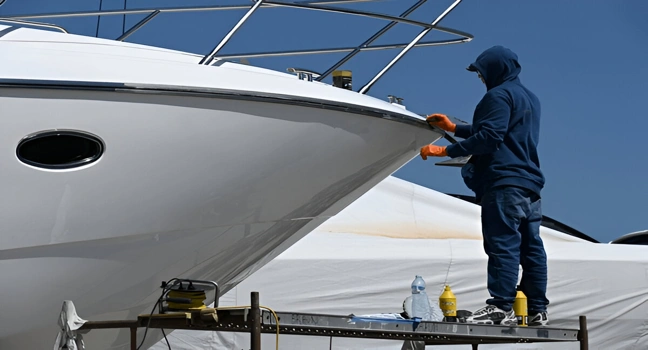 A technician polishing the hull of a yacht during dry dock maintenance
