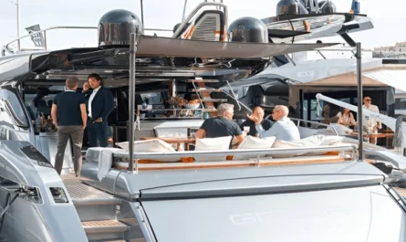Businessmen networking on a luxury yacht deck during a yacht show
