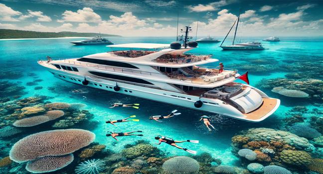 A luxurious yacht surrounded by vibrant coral reefs and clear waters, perfect for exploring marine life and adventure