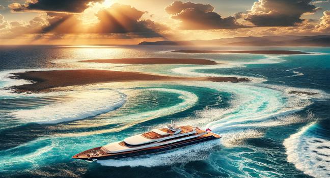 A luxurious yacht sailing at Prasonisi, Rhodes, where the Aegean and Mediterranean seas meet under a dramatic sky