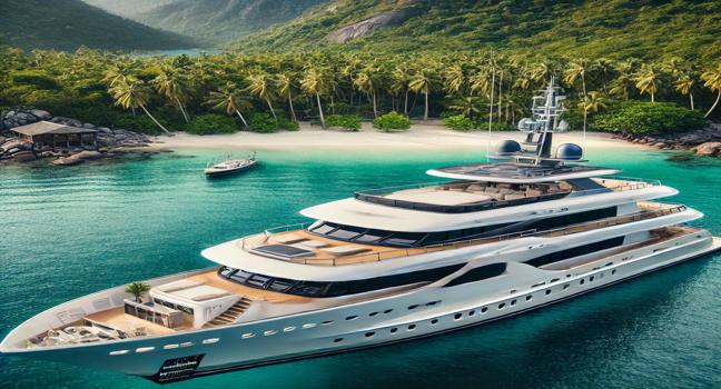 A luxury yacht anchored near a tropical paradise, highlighting Prestige Yachts' comfort and sleek style