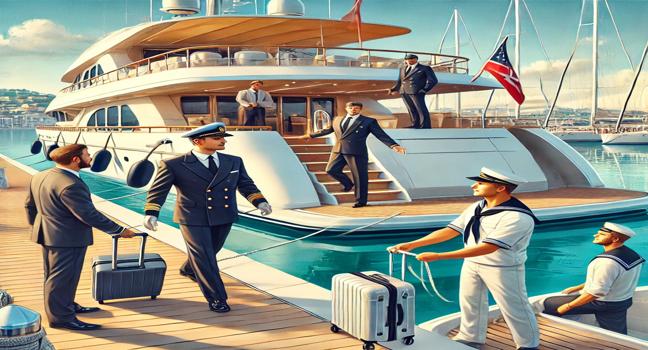 A yacht crew assisting guests with luggage and docking in a vibrant marina under clear blue skies