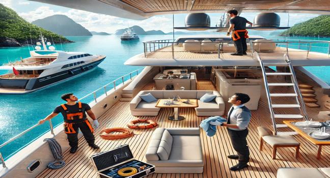 A yacht crew performing maintenance on a luxury yacht anchored near a serene cove with crystal-clear waters