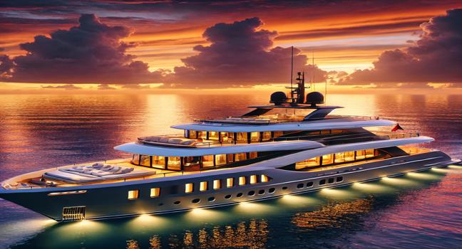 A luxury yacht cruising during a stunning sunset, emphasizing the sophistication of Prestige Yachts