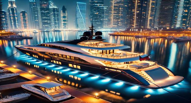 A luxury yacht docked in a vibrant marina, illuminated by city lights, reflecting Prestige Yachts' timeless elegance