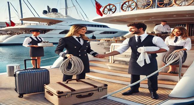 A yacht crew assisting guests with luggage at a lively marina, showcasing professionalism and teamwork