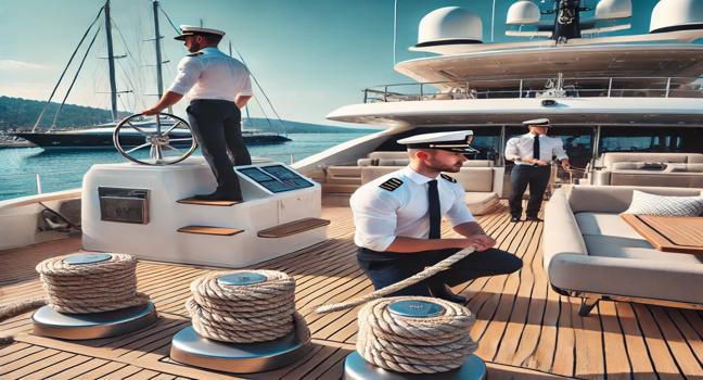 A luxury yacht crew preparing for a voyage, featuring teamwork under clear skies at a scenic marina