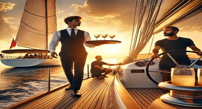 A luxury yacht crew working during a sunset, featuring stunning views and seamless coordination on calm waters