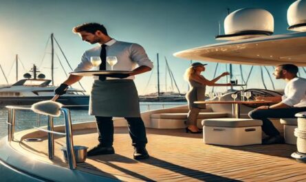 A luxury yacht crew in action at a sunny marina, showcasing teamwork with clear skies and calm waters in the background