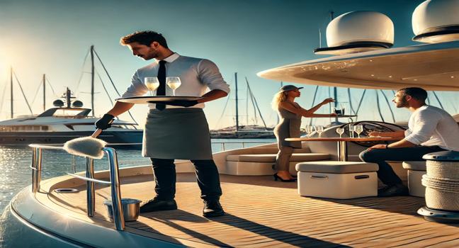 A luxury yacht crew in action at a sunny marina, showcasing teamwork with clear skies and calm waters in the background