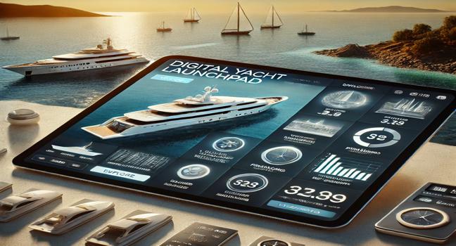 A sleek tablet displaying a digital yacht launchpad interface with detailed listings and cost tools, set against an ocean backdrop