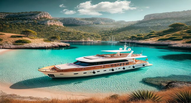 Ein modernes Boot ankert in einer malerischen Bucht auf Mallorca, umgeben von türkisfarbenem Wasser, weißen Sandstränden und grünen Hügeln