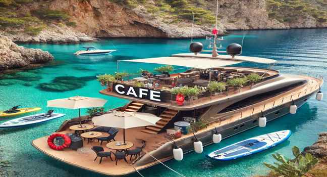 A stylish cafe yacht anchored in a quiet bay with clear blue waters and green cliffs. Guests enjoy snacks, drinks, and water toys such as kayaks and paddleboards