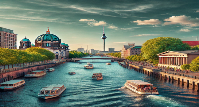  Entdecken Sie Berlin entlang der Spree - Malerische Flusslandschaften, historische Wahrzeichen und Boote unter klarem Himmel