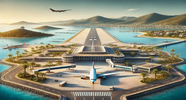 Der Flughafen Bodrum-Milas in der Türkei mit modernem Terminal, grünen Hügeln und mediterraner Landschaft