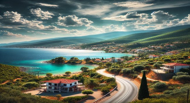 Erlebe die malerische Küstenstraße bei Kavala, umgeben von grünen Hügeln, traditionellen Häusern und dem glitzernden Meer – ein Highlight in Griechenland