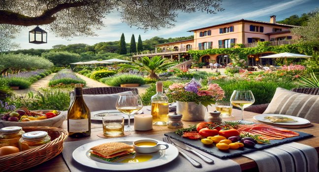 Ein gedeckter Tisch mit mediterranen Spezialitäten und ein charmantes Boutique-Hotel in einer idyllischen Landschaft