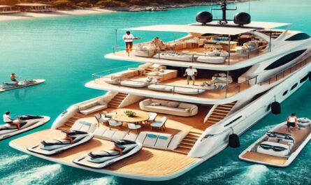 A luxurious yacht charter rental with a professional crew sailing on turquoise waters. Enjoy water toys like jet skis and paddleboards, perfect for your next yacht charter experience