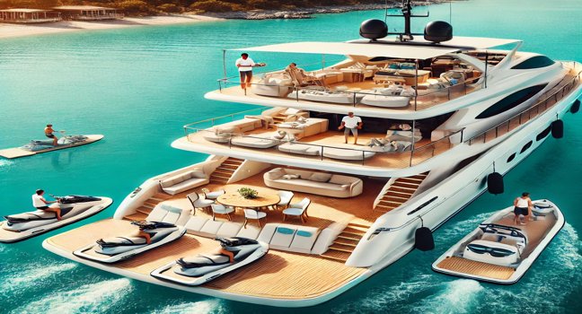 A luxurious yacht charter rental with a professional crew sailing on turquoise waters. Enjoy water toys like jet skis and paddleboards, perfect for your next yacht charter experience