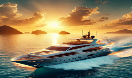 A luxurious yacht cruising through golden sunset waters with serene islands in the background, perfect for promoting yacht rentals