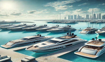 Discover a stunning collection of luxury yachts in a pristine marina, featuring sleek designs, crystal-clear water, and sunny skies