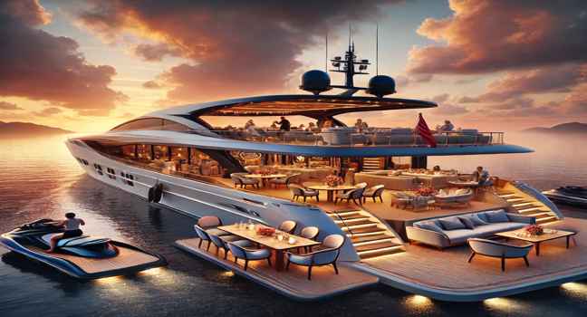 A stunning cafe yacht sailing on calm waters during sunset, featuring cozy seating, elegant decor, and water toys like jet skis floating nearby