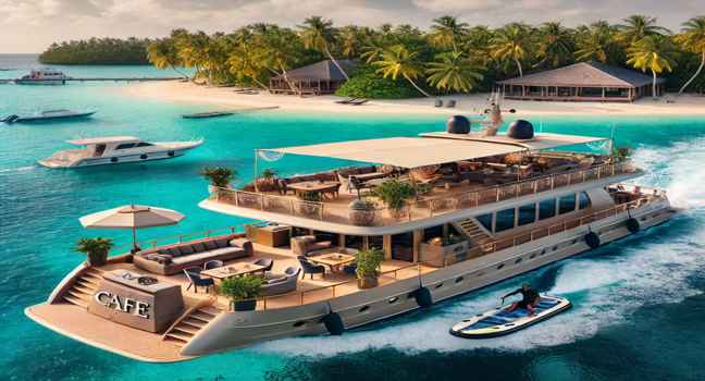 A luxurious cafe yacht sails near a tropical island with turquoise water, palm trees, and water toys like paddleboards, offering a perfect mix of relaxation and adventure