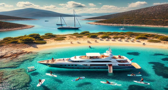 A luxury yacht anchored near a secluded Greek island with turquoise waters, sandy beaches, and lush green hills. Guests enjoy paddleboarding and snorkeling nearby