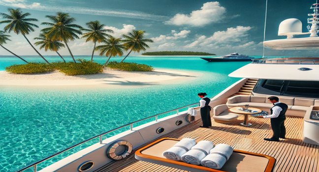 Explore a yacht job vacancy on a luxury yacht anchored near a tropical island. Turquoise water, white sandy beaches, and a professional crew await