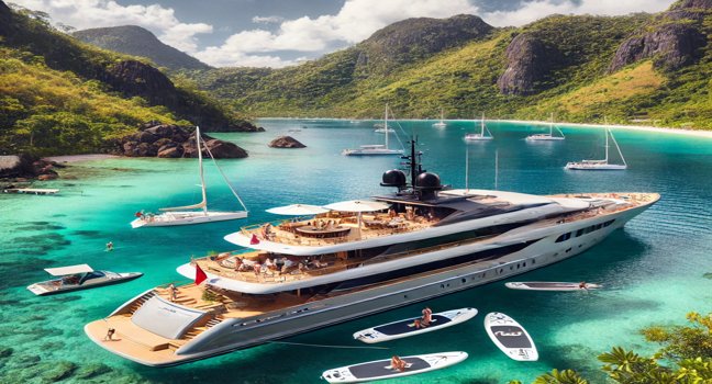 A luxury yacht anchored in a quiet bay with turquoise waters and green hills. Guests enjoy meals on deck, surrounded by calm water and paddleboards nearby