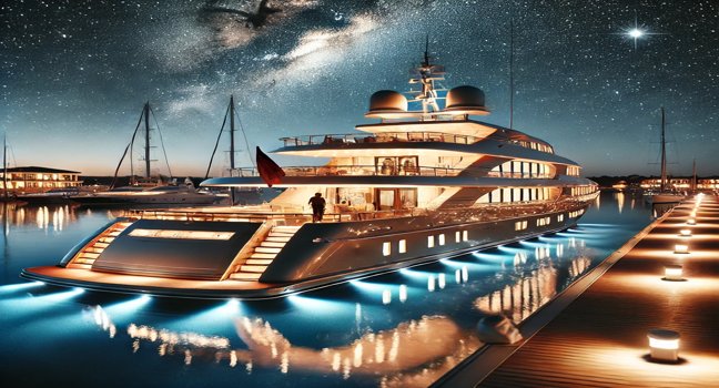 A luxury yacht docked in a peaceful marina at night, glowing with elegant lights. Calm water reflects the yacht’s beauty under a starry sky