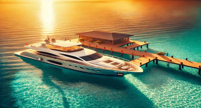 A luxury yacht docked at a private pier with crystal-clear turquoise water and golden sunset reflections