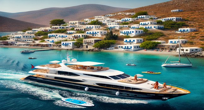 A luxury yacht sailing through turquoise waters near a picturesque Greek village with whitewashed houses on the hillside. Guests sunbathe and enjoy the calm sea