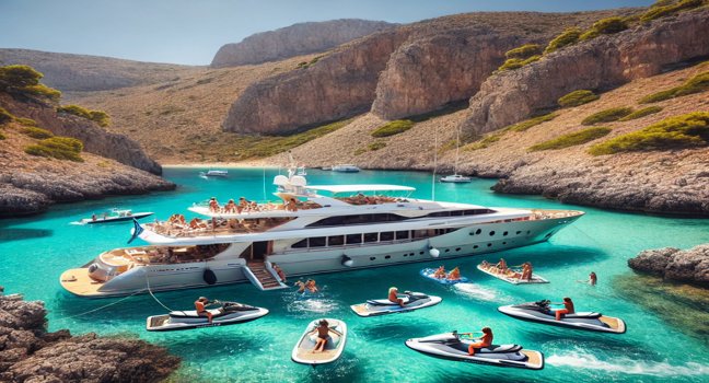 A luxury yacht anchored in a secluded bay surrounded by cliffs and turquoise waters. Guests enjoy water toys like jet skis and paddleboards under a sunny sky