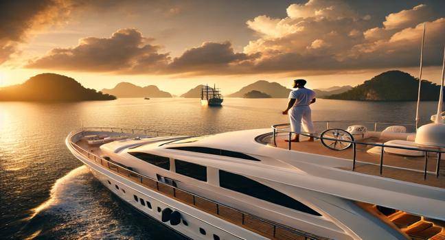 A luxury yacht with a professional crew working at sunset, showcasing yacht careers and charters