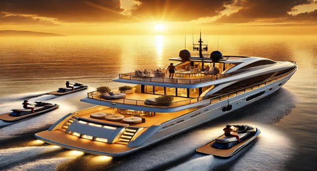 A luxury yacht sailing through calm waters during a golden sunset, with guests relaxing on deck and water toys like jet skis reflecting the evening glow